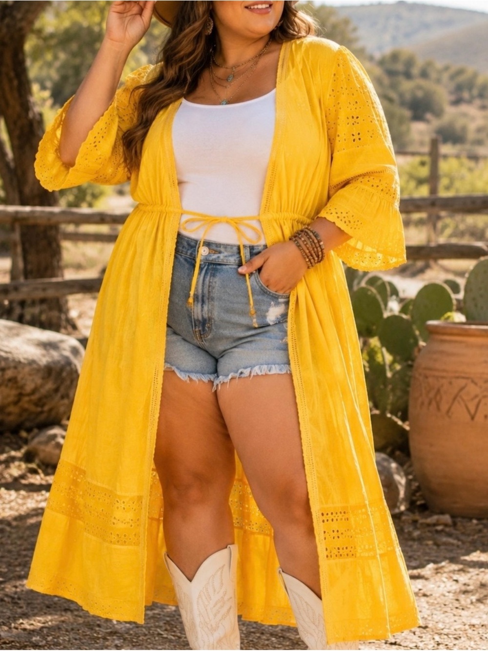 Torrid Festi Yellow Eyelet Maxi Kimono Duster Size 3X 100% Cotton